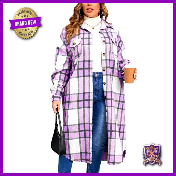 Jackets & Blazers - Plus Size Long Flannel Shacket Jacket Oversized Button Down with Pockets